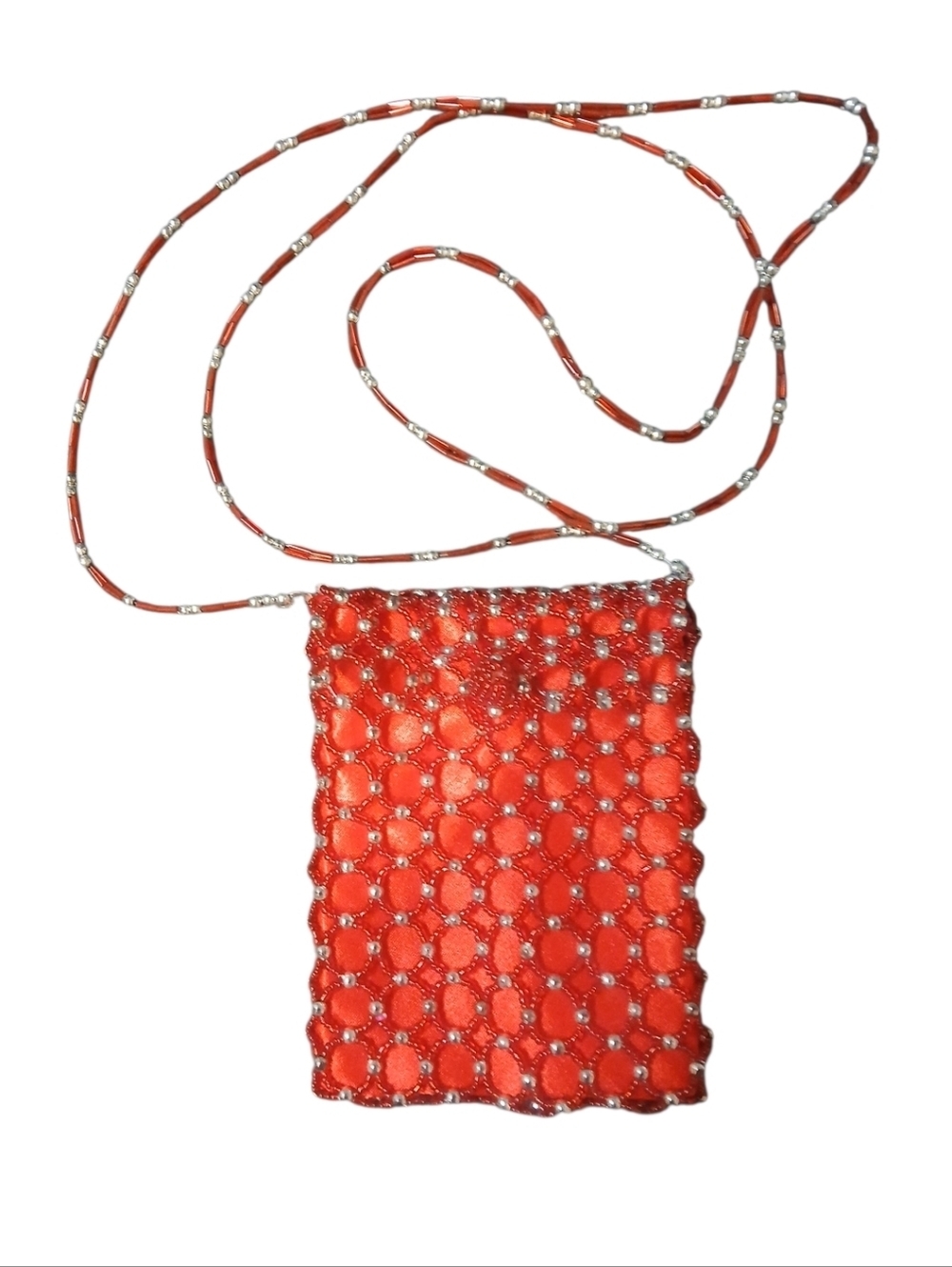 Red Beaded Crossbody Evening Bag, Hoop Clasp, Red Nylon, Red/Silver Beads - Picture 4 of 9
